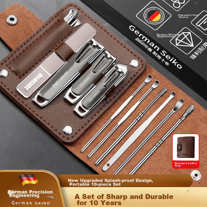 Haifenuo Nail Clipper Set, Manicure Tools, Ear Pick, Anti-Splash Diagonal Nail Clippers, Nail File, 10 Pieces