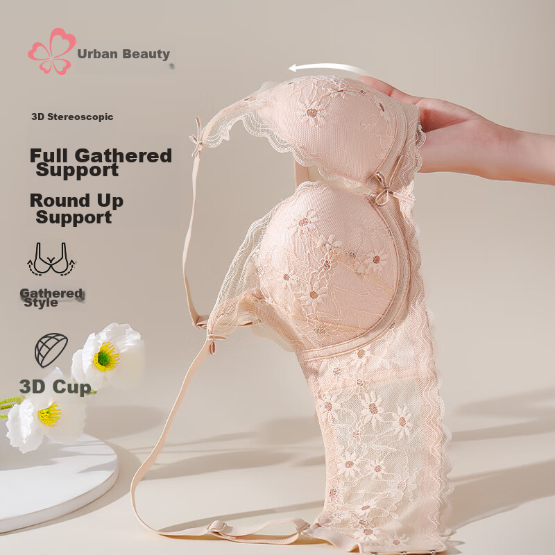 Urban Beauty Women's Wireless Bra, Push-Up, Modal Fabric, Comfortable, Breathable, Sexy, Pure Desire, Lace Brassiere, Light Pink