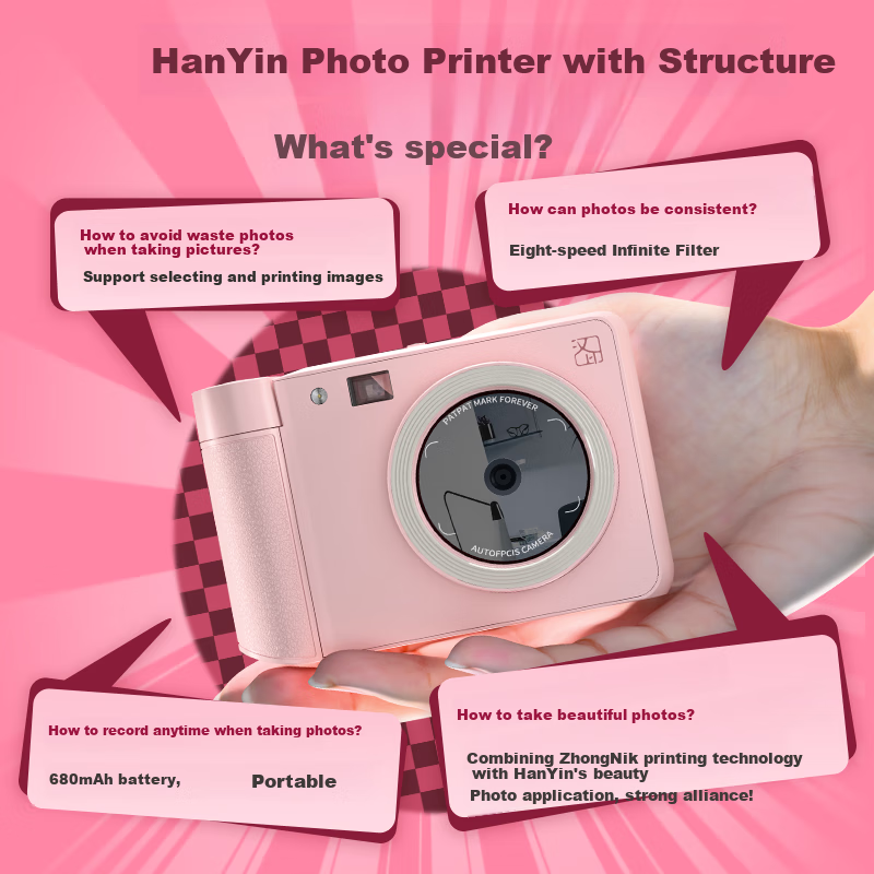 Hanin Mini Pink Instant Camera and Printer, Pocket Camera with Phone Printing, Instant Photo Printing, Mini Portable for Kids, Students, and Couples