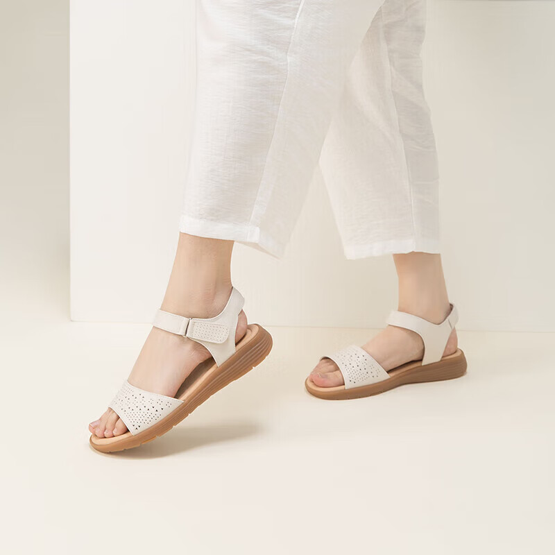 RED DRAGONFLY Women's Summer Comfortable Soft Sole Velcro Middle-Aged and Elderly Casual Leather Sandals WTK24065 Beige Size 37