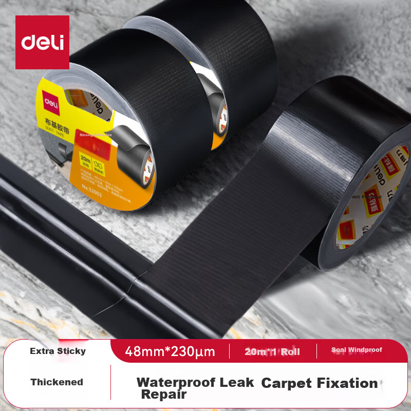 Deli Strong Adhesive Tape, Windproof, High-Adhesive, Wear-Resistant, Waterproof Tape, 48mm*20m*230μm, Carpet Fixing, Window Sealing, Black, 1 Roll, 52003