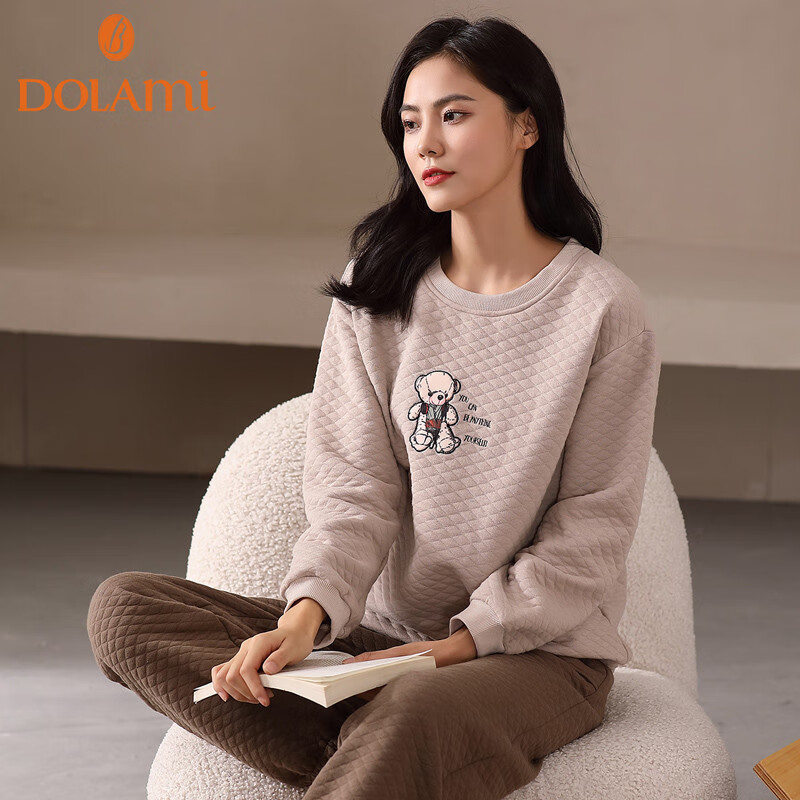 Dulamei Women's Pajamas, Autumn And Winter Thin Quilted Air Cotton Long-Sleeve, Wearable Outside, Pure Cotton Ladies' Loungewear Set, M