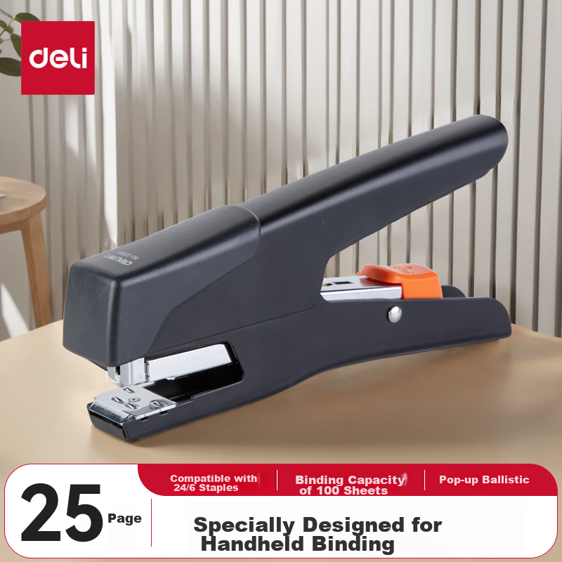 Deli Handheld Metal-Feel Low-Effort Stapler, Portable Handheld Pop-Up Stapler for Takeout Packaging, Compatible with 12# Staples, 0358 Black