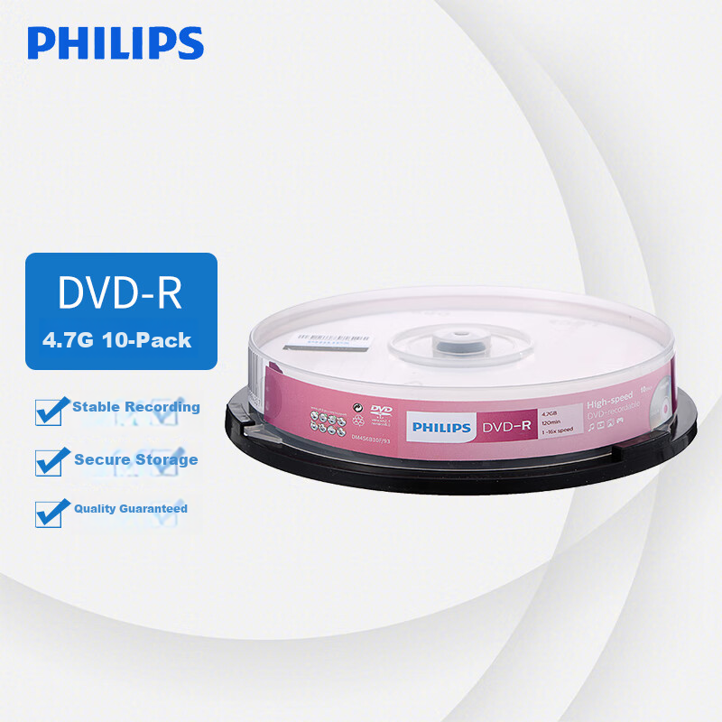 Philips DVD-R Blank Discs/Recordable Discs, 16x Speed, 4.7GB, 10 Pieces in A Barrel