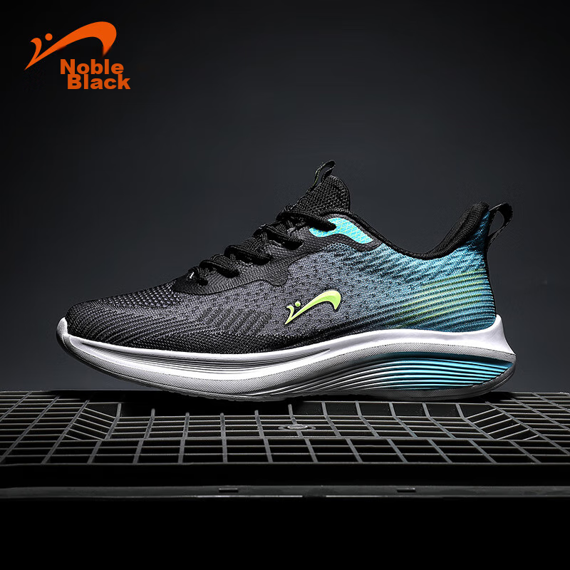 Guirenniao Men's Casual Shoes, 2024 Summer Flyknit Mesh Breathable Running Shoes, Shock-Absorbing for Students, Black/blue/white, Size 41