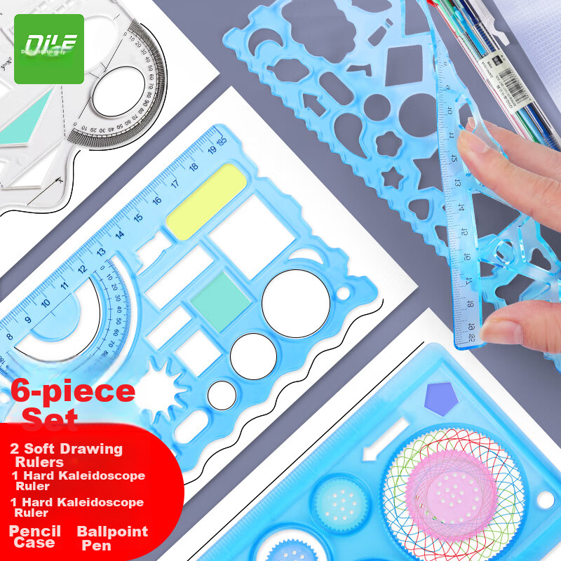 Dile Multi-Functional Soft Ruler, Math Geometry Drawing Compass, Protractor, Wave Ruler, Parallel Ruler, Student Creative Drawing Tools, Stationery Set of 6, 2697