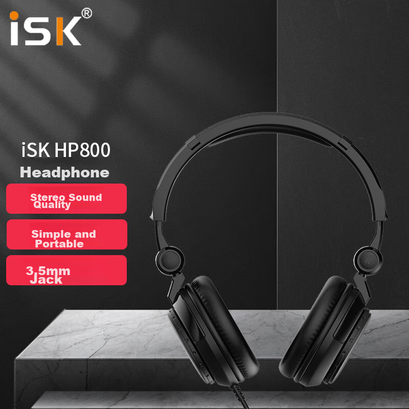 iSKHP800 Professional Live Streaming Monitoring Headphones with Built-In Microphone, Portable Bag, Adapter, Fully Enclosed Foldable Design for Recording, Compatible with Computer And Mobile Sound Card