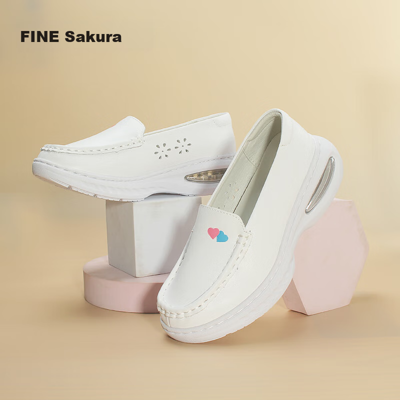 Fey Sakura Nurse Shoes Women's Genuine Leather Breathable Comfortable Soft Sole Anti-slip Air Cushion Medical Work Shoes 2372 White Size 39
