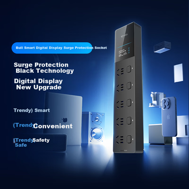 BULL Smart LED Display Surge Protection Lightning Overload Protection Socket/Extension Cord/Power Strip/Plug Board/Connection Board 5-Way Individual Control Switch Total Length 1.8m GNV-UK105F