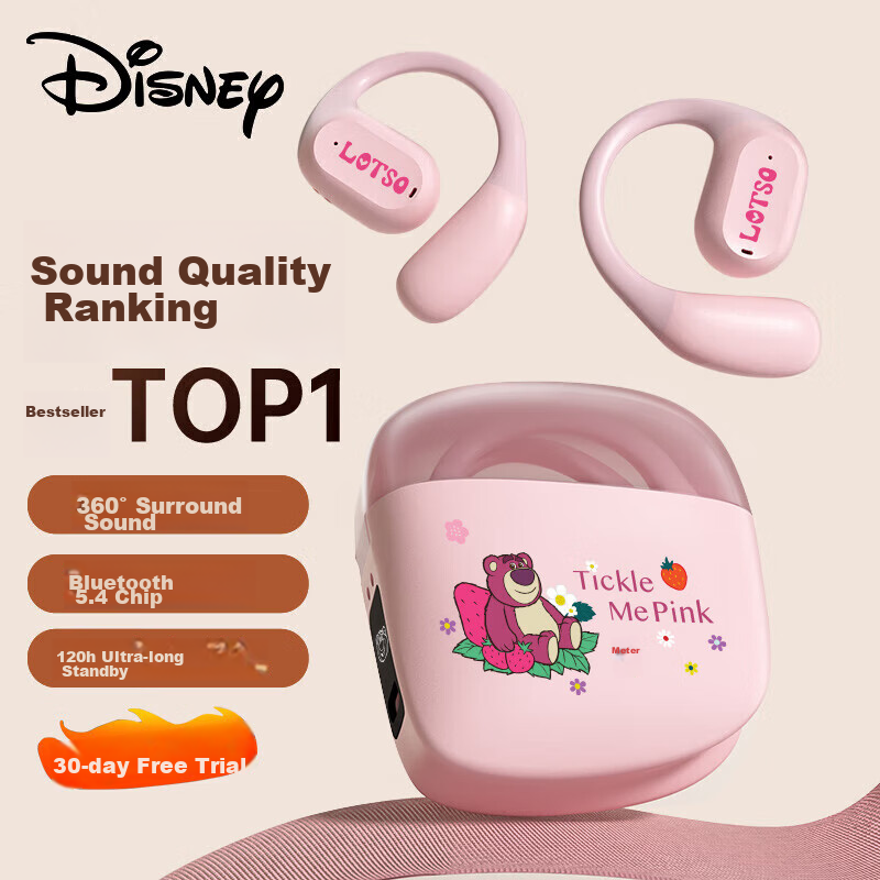Disney Berlin Voice Premium Edition Bluetooth Headphones, Over-Ear Bone Conduction Concept, Non-In Open-Ear Clip, Sports Music, Long Battery Life, High-End Noise Reduction, O02 Pink Strawberry Bear