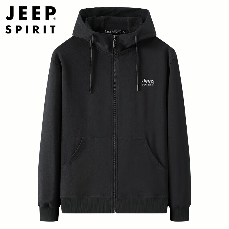 JEEP SPIRIT Men's Sweatshirt, Spring And Autumn Solid Color Long-Sleeve T-Shirt, Men's Hooded Cardigan Jacket, Black, XL
