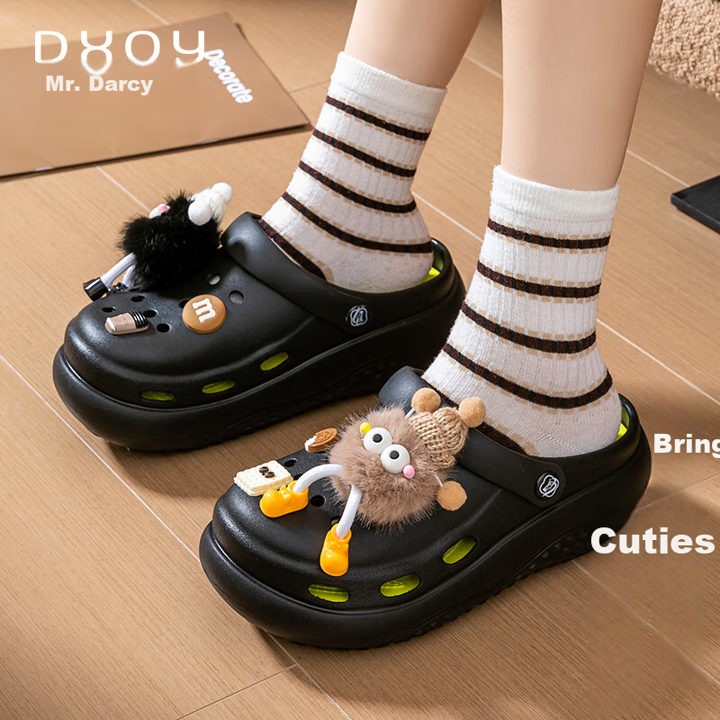 Daxi Mr. Xiaomeiqiu Women's Summer Thick-Soled Outdoor Slippers with Increased Height and Cute Coal Balls Hollow Shoes Women Black Green 39-40