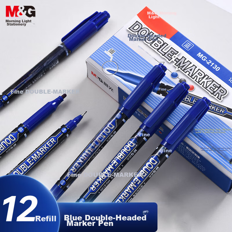 M&G Stationery Blue Double-Headed Fine-Tip Marker Pen, Student Outlining Pen, Study Highlighting Pen, 12 Pens/box MG2130, for Postgraduate Entrance Exam Preparation
