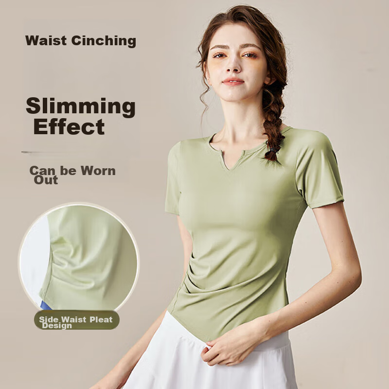 Huiang Yoga Wear for Women, Sports Short-Sleeve T-Shirt, Tight-Fitting Quick-Dry Top, Fitness Wear, V-Neck, Wrinkled Waist-Cinching, Bean Green, Size M