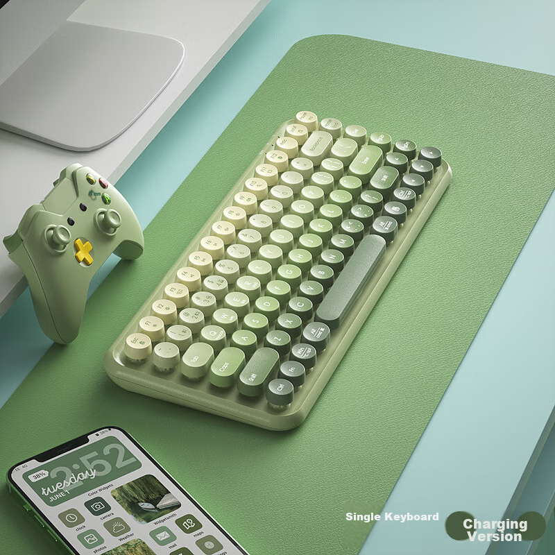 B.O.W Hangshi K608DL, Tri-Mode Wired Bluetooth Wireless Charging Keyboard, Quiet Ultra-Thin Office Home Mobile IPad Tablet Laptop Keyboard, Matcha Green Gradient