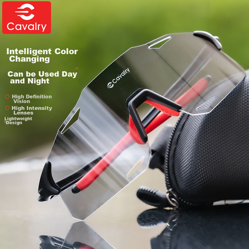 CAVALRY Cycling Photochromic Sunglasses, Bicycle Road Bike, Men's And Women's Outdoor Running Goggles Equipment, Red And Black