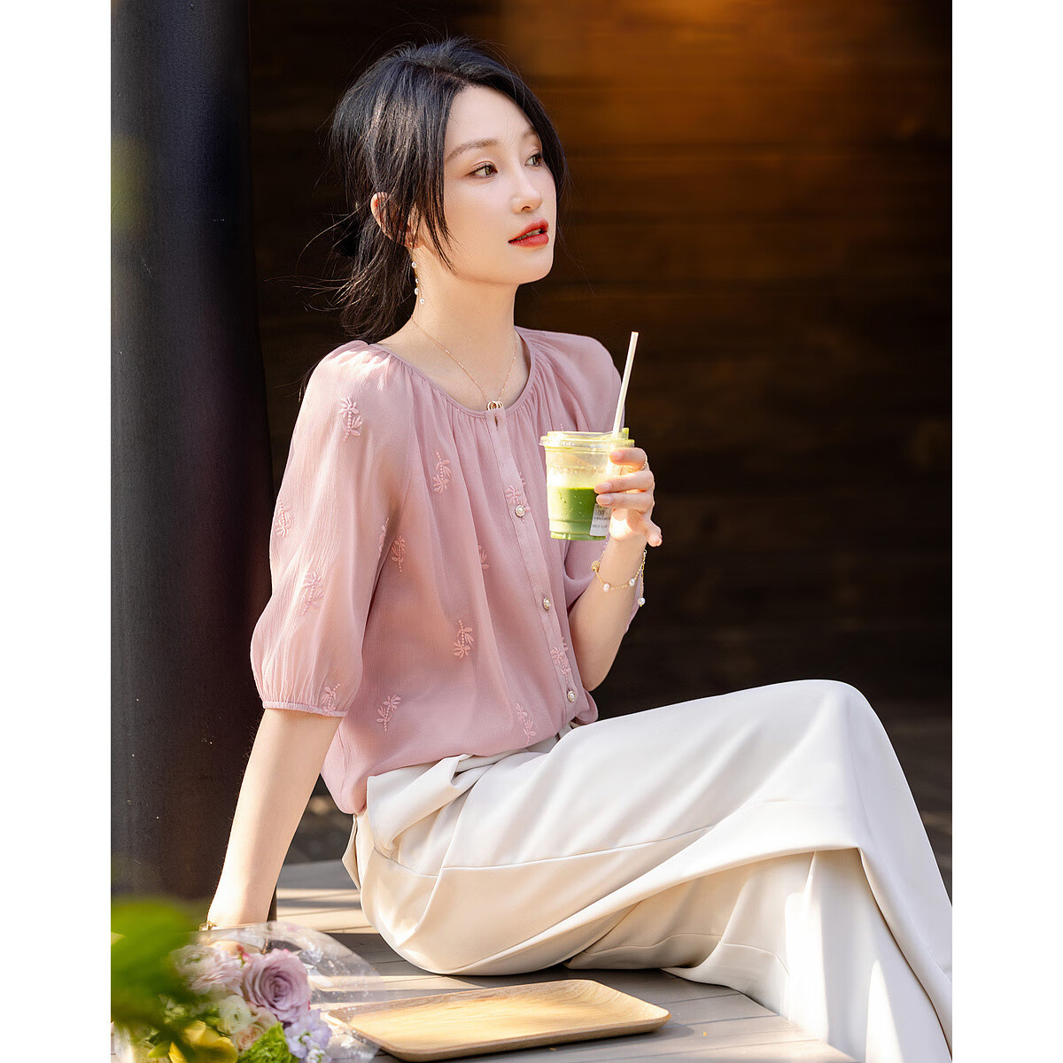 DME Lazy Style Doll Collar Short Sleeve Embroidered Shirt Women's Top Pink L