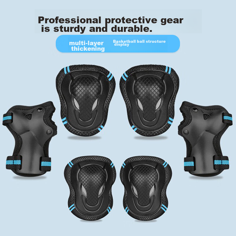 Duweike Roller Skating Skateboard Protective Gear, Professional Children And Adults Knee Pads, Elbow Pads, Palm Guards, Six-Piece Set, for Land And Ice Skating, Black And Blue