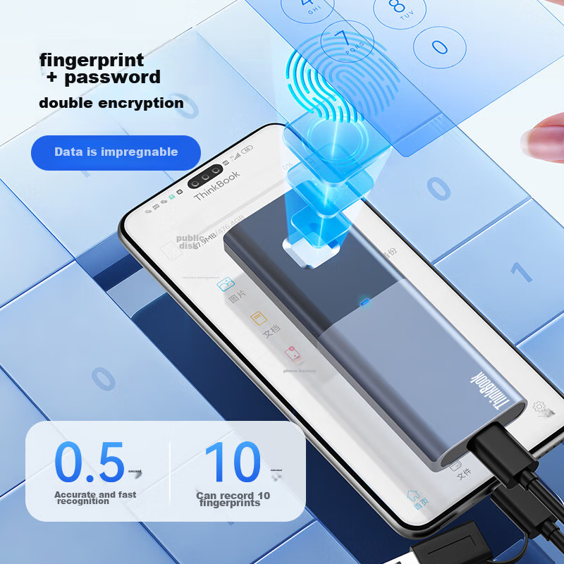 ThinkPad Lenovo Thinkbook Portable SSD, 1TB, Read Speed 520MB/s, Fingerprint Encryption, USB3.2 Type-C, Direct Connection to Phones And Computers, TU800