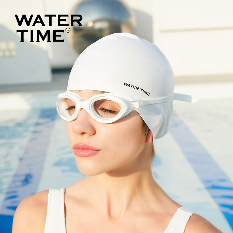 WATERTIME/Shuichuan Swimming Goggles, Anti-Fog Swim Glasses for Men And Women, Waterproof Large Frame Swimming Glasses, Silicone Swim Cap Set, White