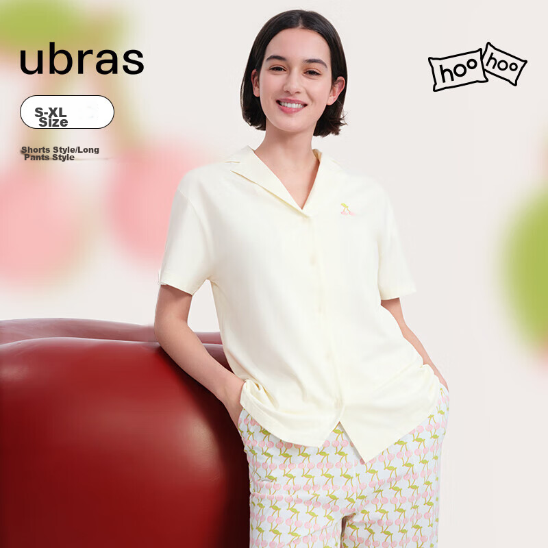 Ubras Valentine's Day Fruit Series, All-Over Print, 100% Cotton, Short-Sleeve Top And Long Pants, Women's Loungewear Set, Ladies' Pajamas, Ice Blue Green, Size L