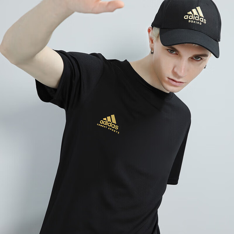 Adidas Men's T-Shirt, Summer Sports Breathable Lightweight Loose Cotton Short Sleeve, Black/gold, M