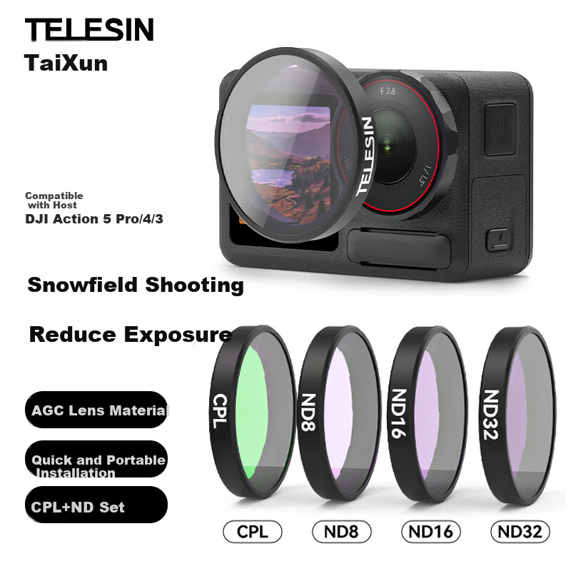 TELESIN Compatible with DJI Action 5 Pro 4 3 Filters, DJI Action Camera ND Filter Set, CPL Gradient Filter, AGC Lens Material