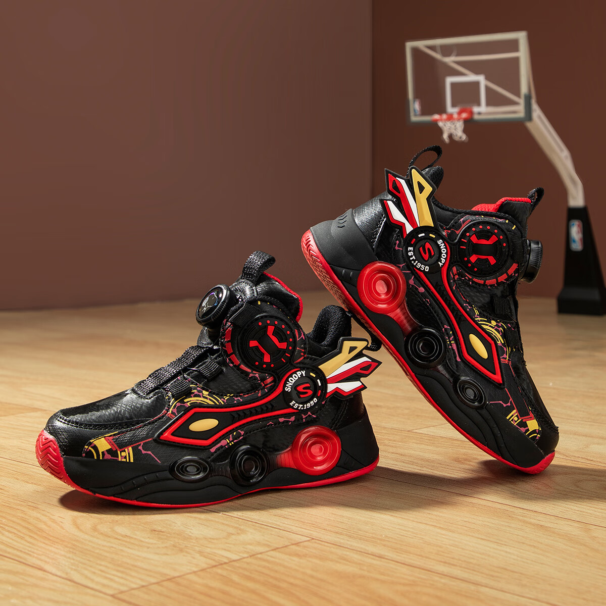 SNOOPYSNOOPY Boys' Sports Shoes Boys' Velcro Training Shoes Children's Fashion Basketball Shoes 7850 Black Red Size 26