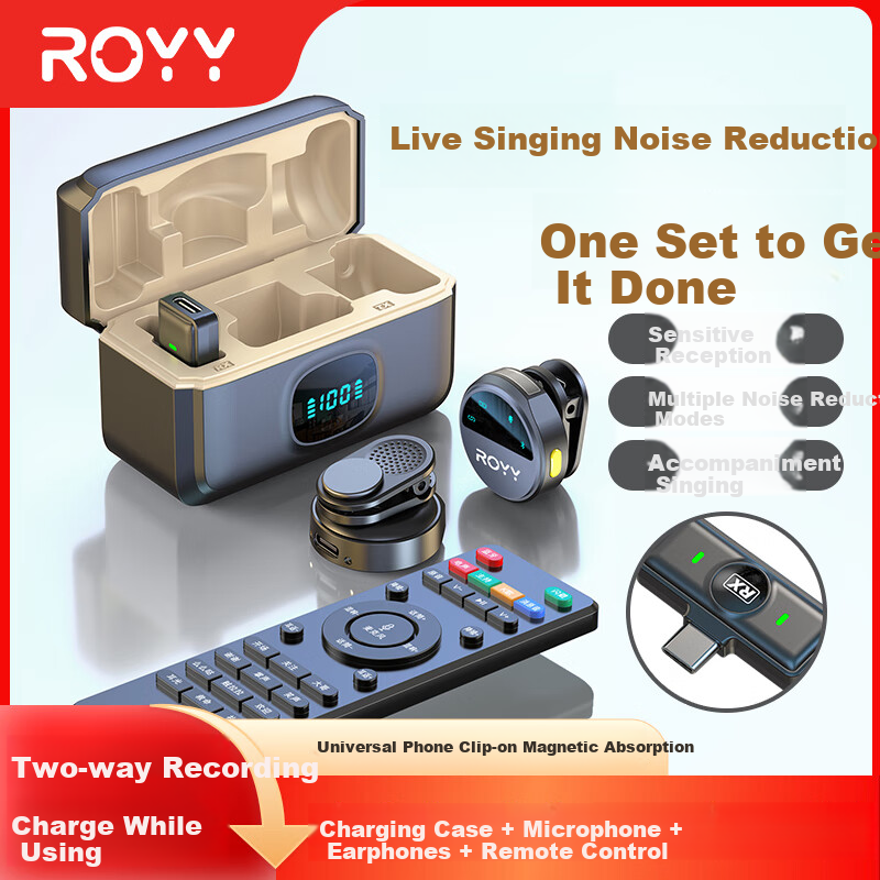 Royy 2-in-1 Wireless Lavalier Microphone with Sound Card for Smartphone Camera Live Streaming Vlog Outdoor Interview Mini Buttonhole Recording Mic Kit Type-C Black