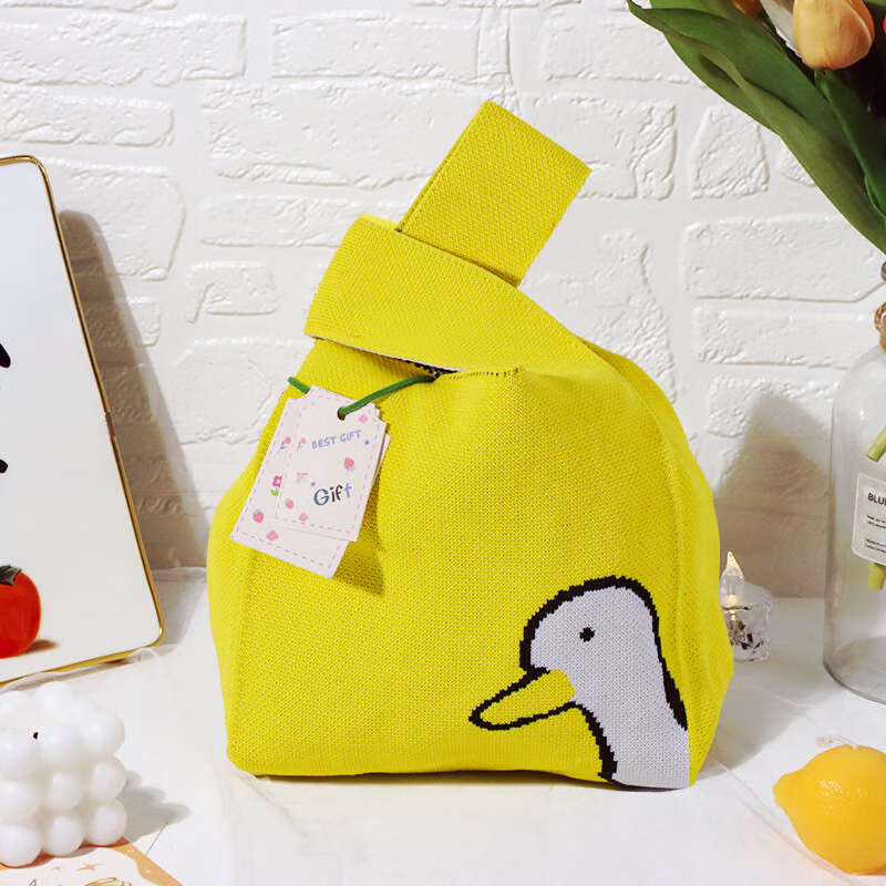 TaTanice Gift Bag, Knitted Handbag, Birthday Gift Bag, Party Favor Bag, Tote Wrist Bag, Yellow Duck Design