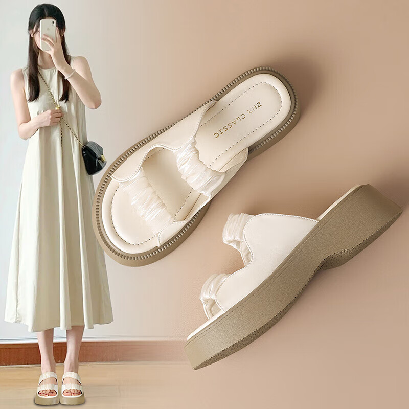 ZHR Women's Slippers, Summer Thick-Soled, Chanel-Style Versatile Outdoor Shoes, Lightweight Single-Strap Women's Shoes, JF10T, Beige, Size 36