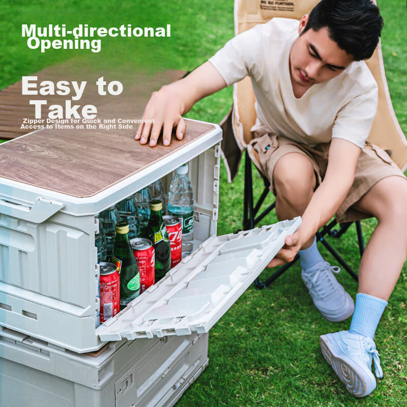 TANXIANZHE Outdoor Camping Storage Box, Foldable Camping Car Organizer, Car Trunk Wooden Lid Storage Container