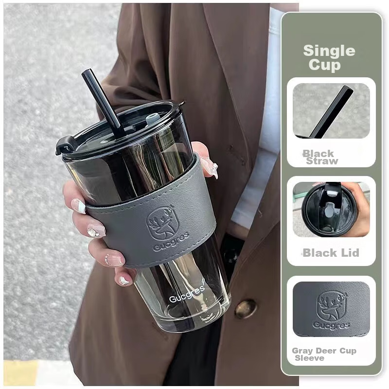 Baijie Glass Water Cup, Bamboo Joint Cup with Straw, Cup with Lid, Coffee Cup, Gift, Glass Beverage Cup, 450ML
