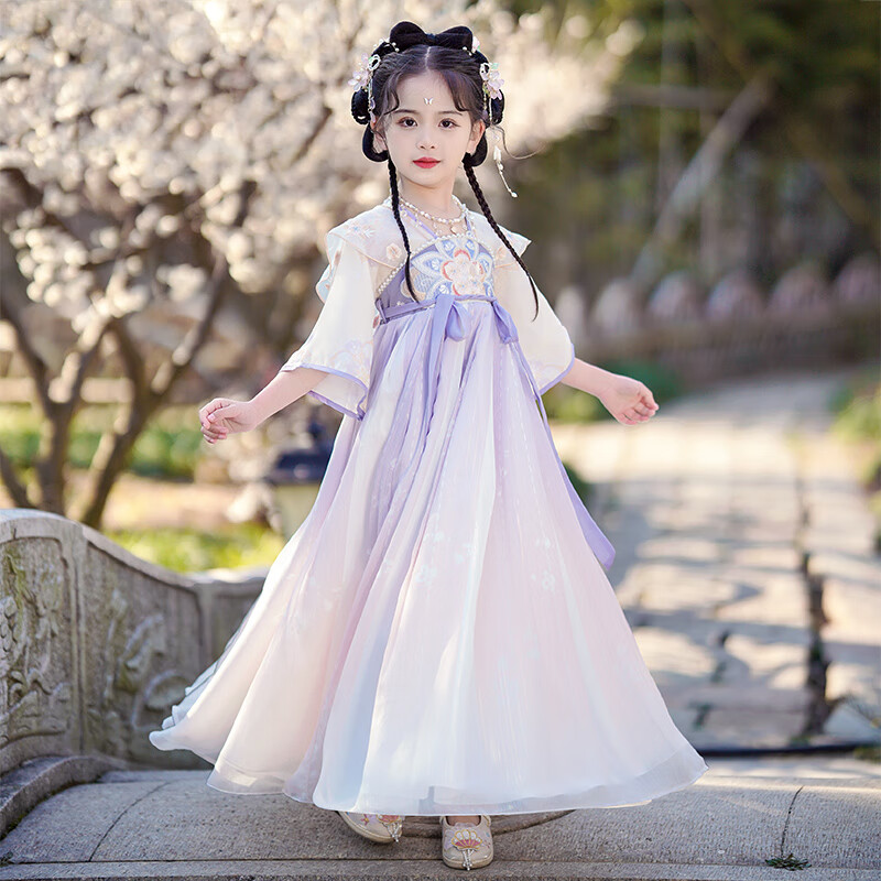 Anni You'er Hanfu Girls' Dress, Tang Dynasty Style, Fairy-Like Ancient Costume, Children's Chinese-Style Dress, Girls' Ancient-Style Spring Outfit, Purple, Size 150