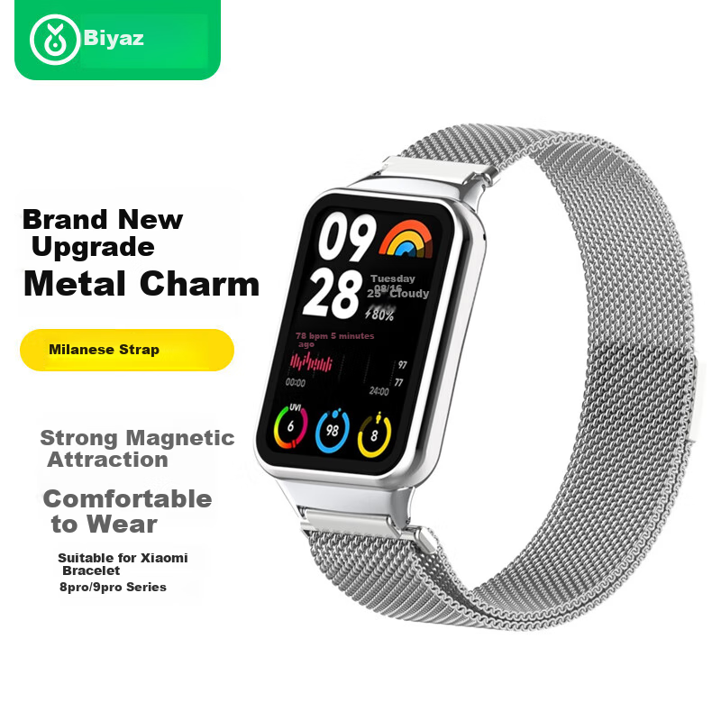 BIAZE Metal Milanese Magnetic Wristband for Xiaomi Mi Band 9 Pro and Mi Band 8 Pro, Smart Sports Wristband Universal High-end Strap DW07-Silver