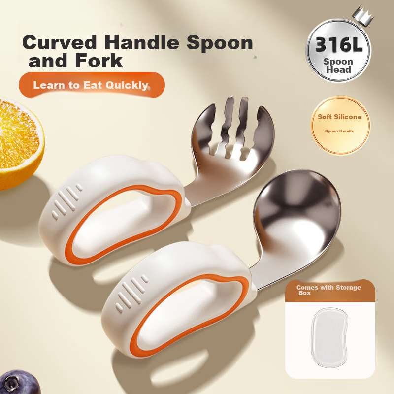 Baoshi Children's Spoon, Baby Learning to Eat, 316 Stainless Steel Fork And Spoon, Bent Head, Infant Silicone Short Handle, Training Feeding Spoon