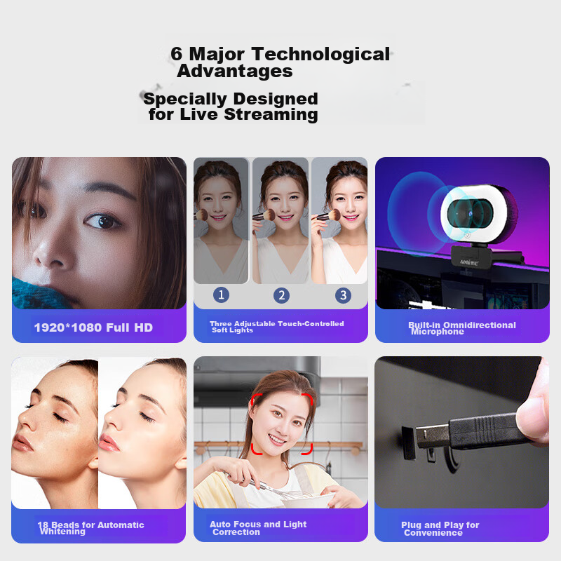 Aoni Live Streaming Camera, High-Definition Beauty, Live Streaming And Product Promotion, Touch Control with Three-Level Fill Light, Desktop And Laptop USB Interface, Plug And Play without Driver, A60