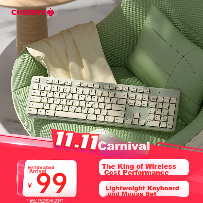 CHERRY DW2300 Wireless Keyboard And Mouse Combo, Full-Size Quiet Portable Ergonomic Keyboard And Mouse for Business, Office, Home, Laptop, Fresh Green