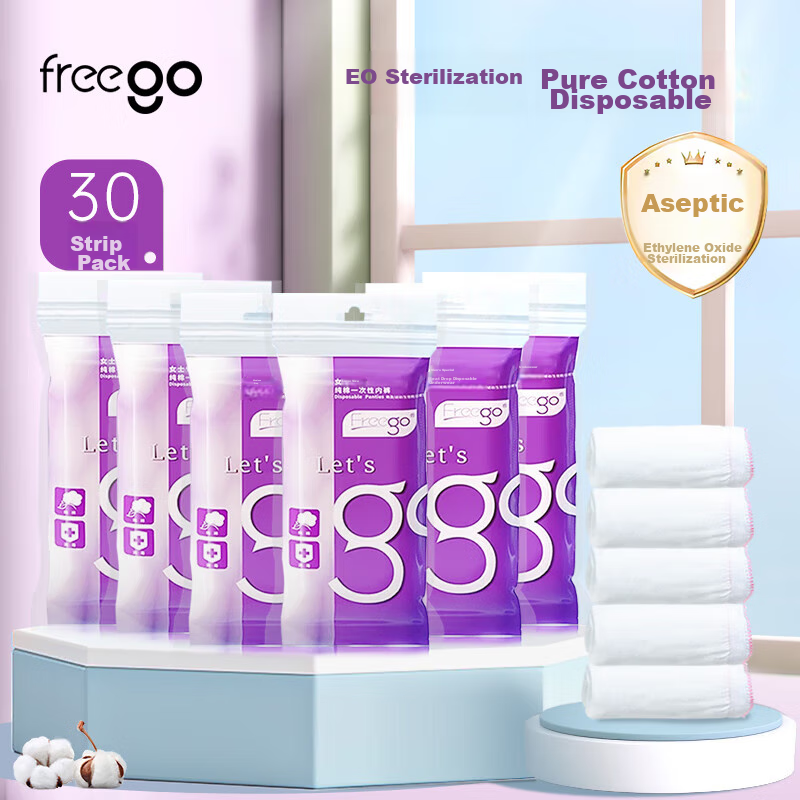 Freego Pure Cotton Disposable Underwear for Women, All-Cotton, No-Wash, Individually Wrapped, for Pregnant Women, Menstrual Period, Travel, Business Trip, White, Size L, 30 Pieces