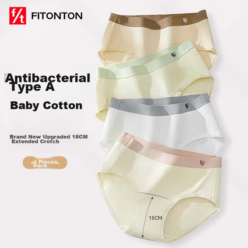 FitonTon 4-Pack Women's Underwear, Class A Pure Cotton, 7A Antibacterial, Extended Crotch, Mid-Rise, Seamless, Young Women's Triangle Panties, Size L
