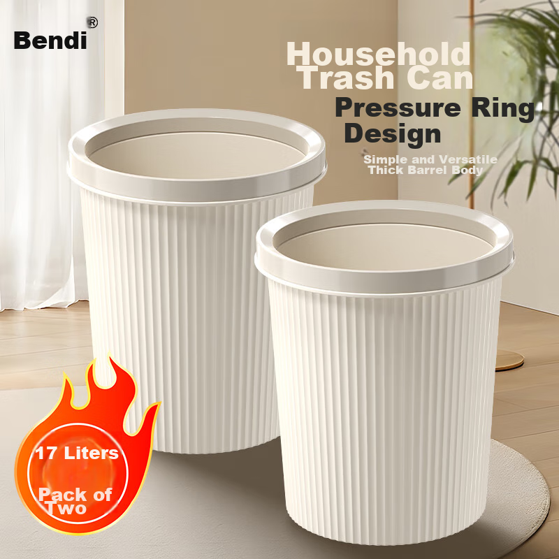 Bendi Round Trash Can, Set of Two, 17L Large Capacity Plastic Waste Bin for Home And Office