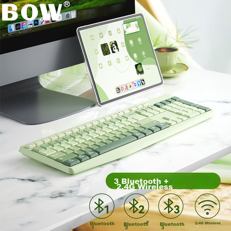 B.O.W Hangshi K161D Wireless Bluetooth Dual-Mode Keyboard, Home Office Tablet Phone Laptop Universal Quiet Keyboard, Gradient Matcha Green