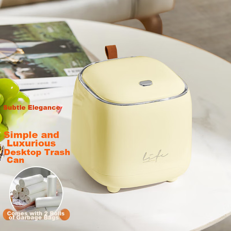 ABEPC Nordic Style Desktop Trash Can, Small Trash Can for Office Desk, Push-Button Pop-Up Lid Storage Bin, Cream Gold