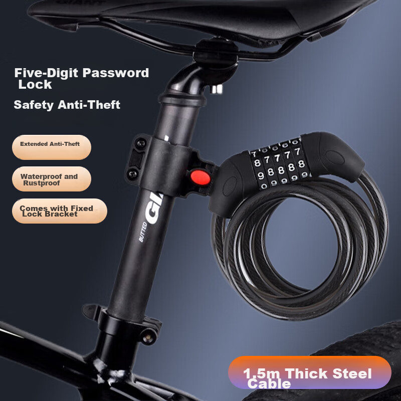 Ousen Bicycle Lock, Combination Lock, for Bicycles, Mountain Bikes, Electric Bikes, Steel Cable, Anti-Theft Lock, Cut-Resistant, Extended