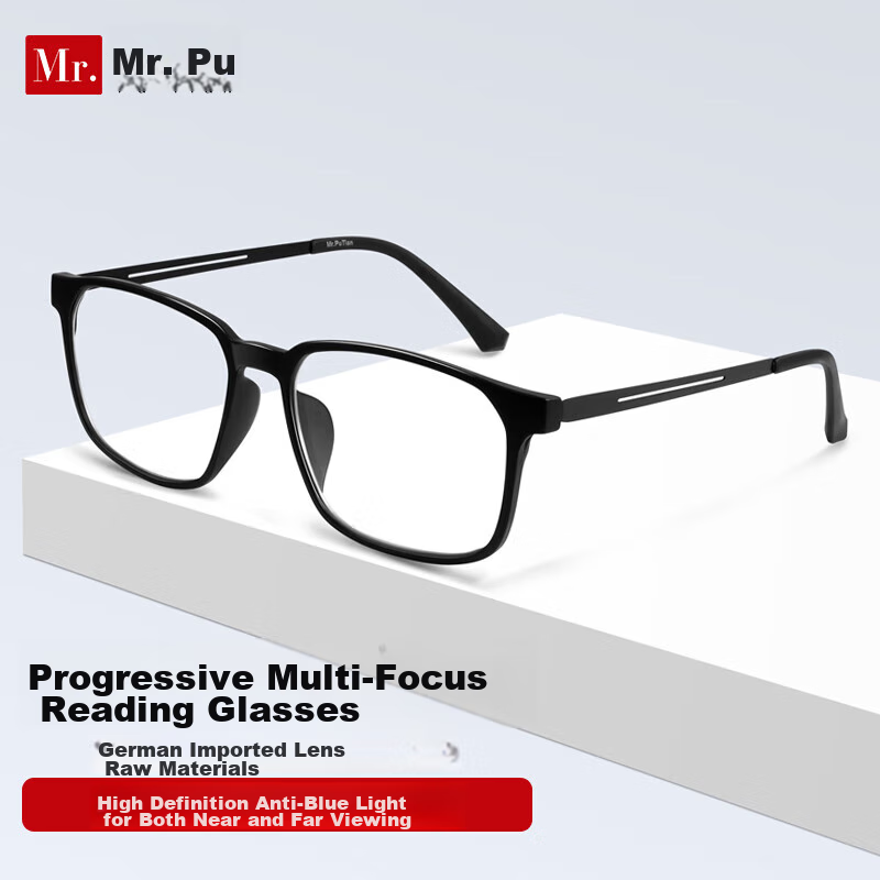 Mr. PuTian Reading Glasses for Men And Women, Anti-Blue Light, Bifocal, Smart Zoom, Presbyopic Glasses, Black, 250 Degrees, for Ages 60-64