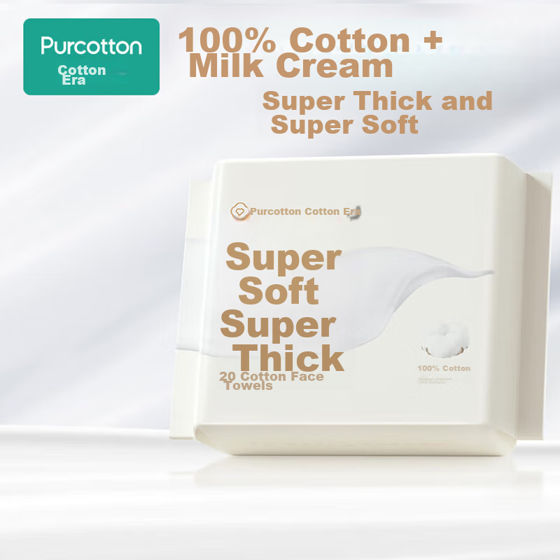 PurCotton [Recommended by Ding Yuxi], Cream Face Towels, 20 Sheets*1 Pack, 100% Cotton Soft Towels, Disposable Ultra-Soft, 20*20CM