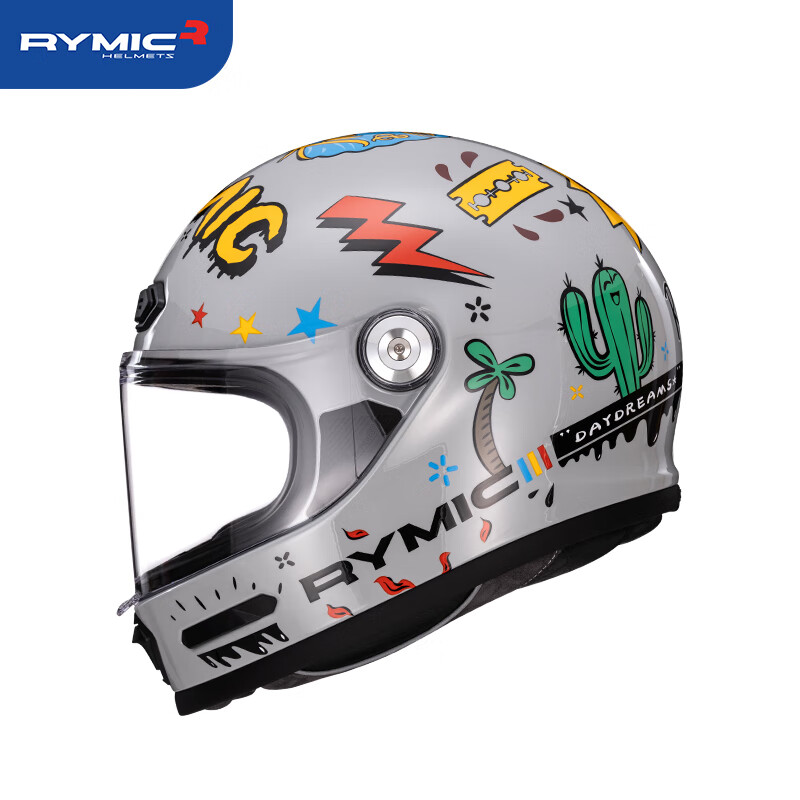 RYMIC Retro Motorcycle Full Face Helmet 3C Certified Unisex Motorbike Riding Helmet Four Seasons V80 Flash Gray White Daydream L