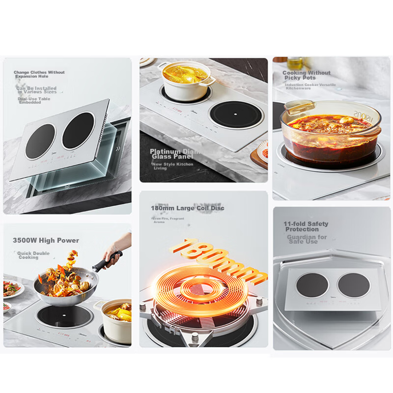 Midea Electromagnetic Cooker, Dual Burner, 3500W, High Power, Left Electric Right Ceramic, Built-In, Suitable for All Cookware, Electric Stove, 3H Timer, Constant Even Heat, National Subsidy, DZ35CT08