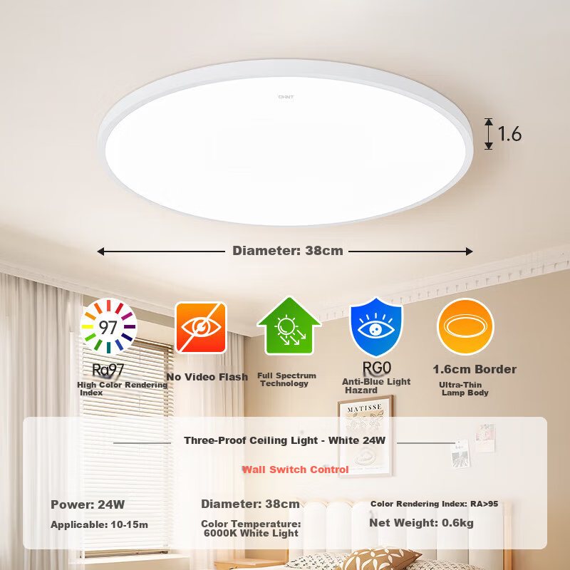 CHNT (CHNT) Full Spectrum Eye-Caring LED Bedroom Ceiling Light Ultra-Thin Three-Proof Study Room Balcony Aisle Light 24W Daylight White