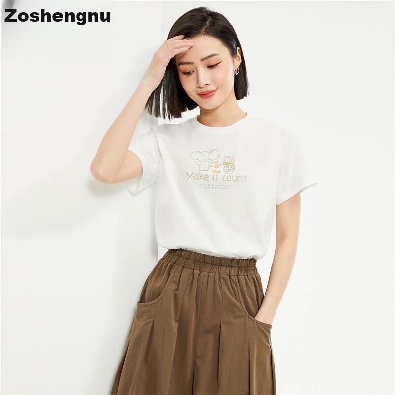 ZARA Women's Cotton Knit T-shirt with Daily Elephant Print Round Neck Short Sleeve 13394204 White